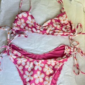 High waisted pink Hawaiian print bikini